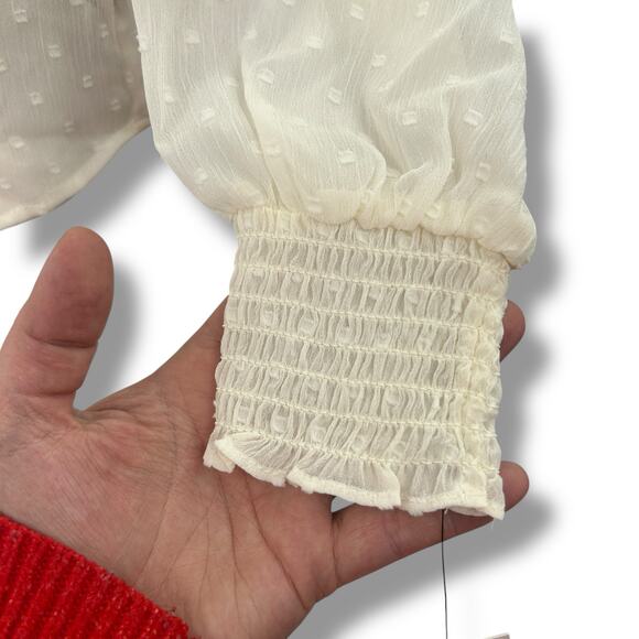 NEW BCX Ivory Blouse Size XS Swiss Dot Ruched Top Boho Office Smocked NWT - Picture 7 of 10